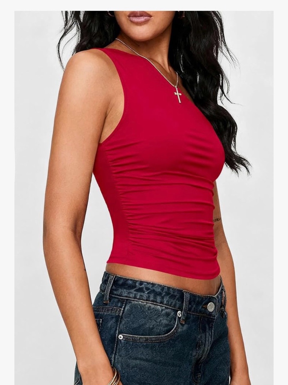 Women’s One-Shoulder Ruched Tank Top in Red - Picture 3 of 5